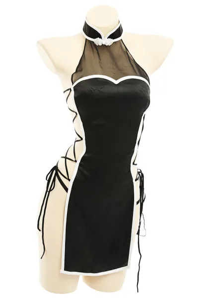 Women Sexy Lingerie Set with Thong Lace Up Cheongsam for Fun 