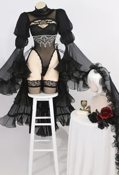 NieR Automata YoRHa No.2 Type B 2B Wedding Bride Cosplay Costume Black Bridal Bodysuit with Veil and Gloves