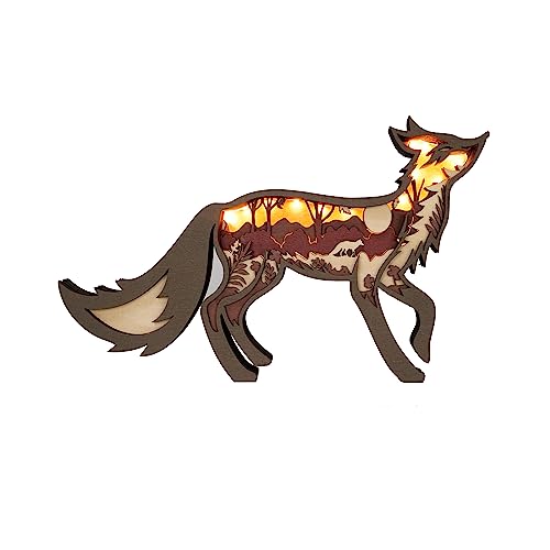 3D Wooden Animals Carving LED Night Light, Wood Carved Lamp Modern Festival Decoration Home Decor Desktop Desk Table Living Room Bedroom Office Farmhouse Shelf Statues Perfect Gifts (Long-Tailed Fox) - Long-tailed Fox