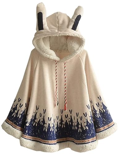 Flygo Women Girl's Cute Fleece Lined Hooded Cape Poncho Cloak Coat Animal Printed - One Size - 02 Beige