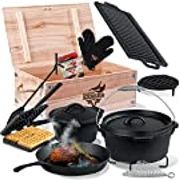 KESSER® Dutch Oven Set 12-teilig in Holzkiste mit Dutch Oven Mit viel Zubehör Inkl. Waffeleisen Gusseisen - bereits eingebrannt mit Kochtopf Grillplatte Pfanne Deckelheber Inkl. Rezeptbuch Handschuhe