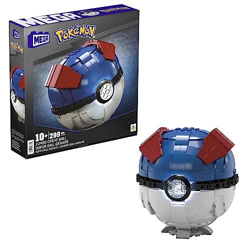 MEGA POKÉMON - Zusammenbaubarer Superball mit Lichtern und Aufstellvorrichtung, 299-teiliges Bauset mit authentischen Details, 12,7 cm groß, für Sammler, HMW04 - Jumbo-Ball, Blau