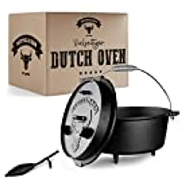 BUFFALO BBQ eingebrannter Dutch Oven - gusseiserner Feuertopf mit 7,5 L Fassungsvermögen - inkl. Deckelheber, Tragetasche & 2in1 Gusseisendeckel mit 1,5 L Volumen