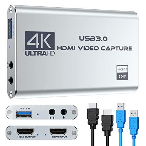Video Capture Card 4K 1080P 60FPS, USB 3.0 HDMI Video Capture Device, HD Game Capture Card for Streaming, Work with PS4/PS5/Xbox/PC/Mac Windows 10/11 - Silver