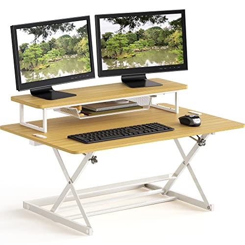 SHW 36-Inch Over Desk Height Adjustable Standing Desk with Monitor Riser, Oak - 36-Inch - Oak