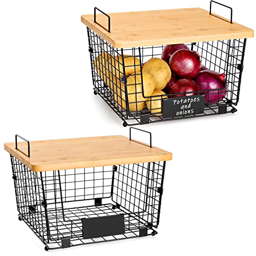 2 Set Stackable Kitchen Counter Basket with Bamboo Top - Pantry Organization and Storage Wire Organizing Basket - Cabinet Countertop Organizer Bins for Produce, Fruit, Vegetable (Onion, Potato), Bread - 2