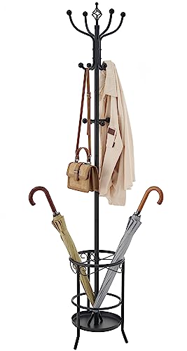 Tajsoon Coat Rack Stand with Umbrella Holder, Free standing Coat Hanger Stand with Umbrella Stand, Entryway Coat Rack to Hold Clothes Hats Bags,Coat Stand with 12 Hooks, for Living Room Bedroom Office - Black - With Umbrella Holder