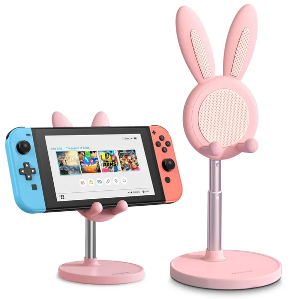 Switch Stand for Nintendo, OATSBASF Adjustable Cute Bunny Phone Stand for Desk, Kawaii Phone Holder Stand, Compatible with All Mobile Phones, iPhone, Kindle, iPad, Switch, Tablets (Pink) - Pink