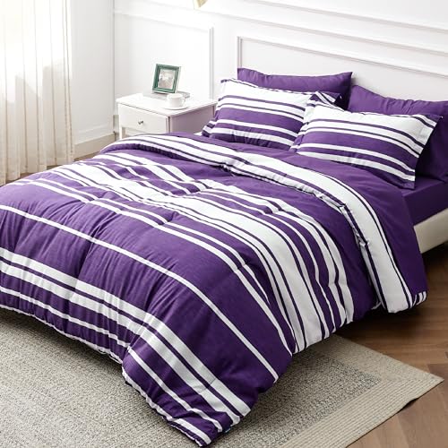 Bedsure Bed in a Bag Queen Size 7-Piece Purple White Striped Bedding Comforter Sets All Season Bed Set, 2 Pillow Shams, Flat Sheet, Fitted Sheet and 2 Pillowcases - 04 - Dark Purple - Full