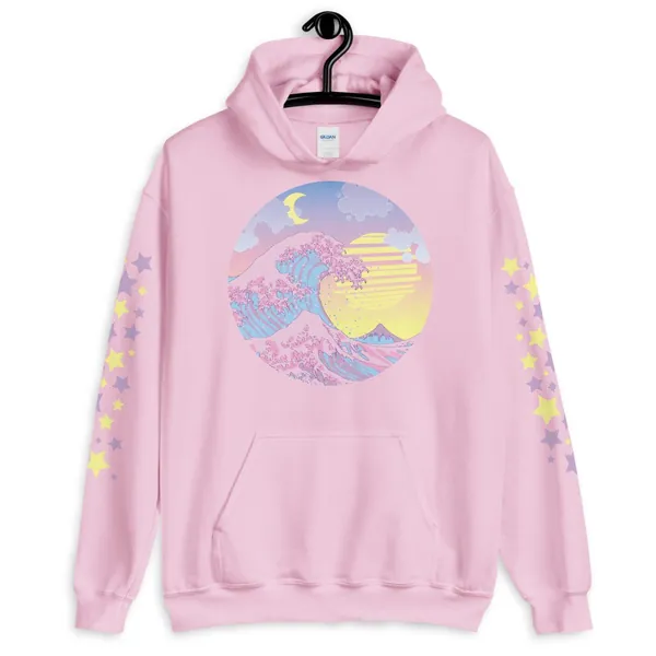 Vaporwave, Pastel Goth, Japanese Aesthetic, Kawaii, The Great Wave, Japanese Kanagawa Wave Art, Cyberpunk Anime Lovers, Unisex Hoodie