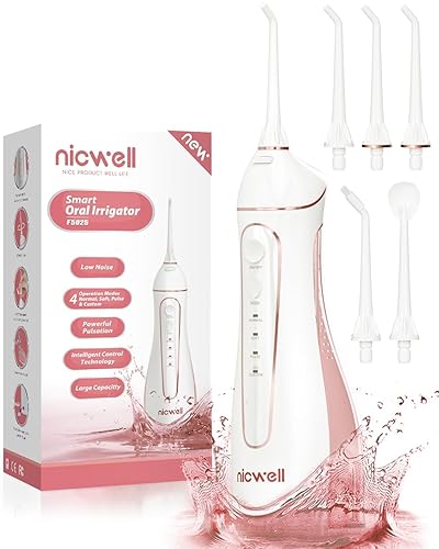 Water Dental Flosser Cordless for Teeth - Nicwell 4 Modes Dental Oral Irrigator, Portable and Rechargeable IPX7 Waterproof Powerful Battery Life Water Teeth Cleaner Picks for Home Travel - Pink