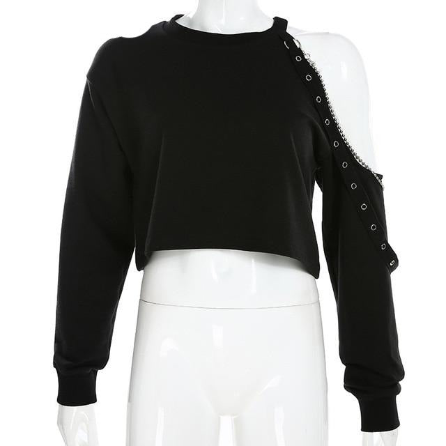 'Deception' Black Grunge Long Sleeve Chain Top - Black / L