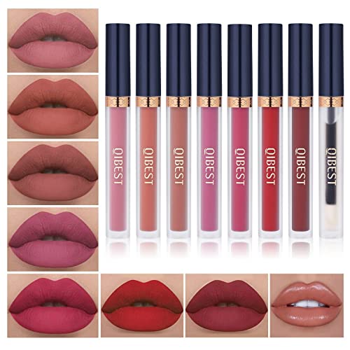 QiBest 7Pcs Matte Liquid Lipstick + 1Pcs Lip Plumper Makeup Set Kit, Pigmented Long Lasting Lip Gloss Set, Velvet Waterproof Halloween Lip Makeup Valentine's Day Gift Sets for Girls and Women - Set 01