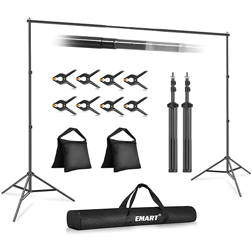 EMART Backdrop Stand 10x7ft(WxH) Photo Studio Adjustable Background Stand Support Kit with 2 Crossbars, 8 Backdrop Clamps, 2 Sandbags and Carrying Bag for Parties Events Decoration - 10x7ft - Black