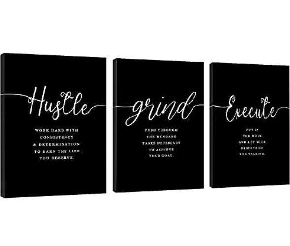 Office Decor - Hustle Quotes Execute Prints, Framed Canvas Wall Art Grind Quote, Office Wall Art, Black Large Poster, Positive MotivationalPrints, Inspirational Print (F-3pcs,12x16inchx3pcs) - F-3pcs - 12x16inchx3pcs