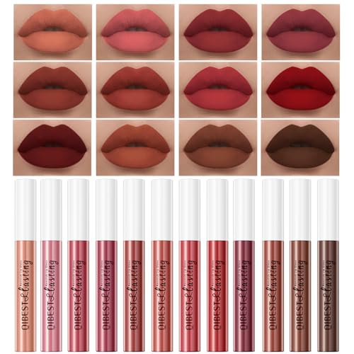 QiBest 12Pcs Velvet Matte Liquid Lipstick Makeup Sets for Women & Teens Gift, Waterproof Long Wear 24 Hours Nudes Burgundy Red Brown Lip Stain Kits, Non-Stick Cup Mate 24 Horas Lip Gloss Holiday Set - Holiday Set