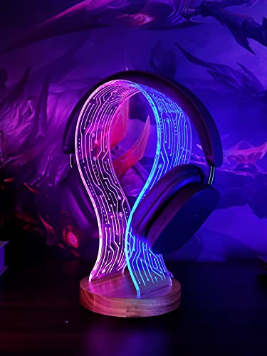 YuanDian Headphone Stand, Walnut Wood Headset Holder with Blue Pink LED Night Light for Gamers, Men, and Music Lovers - Perfect Desk Gift Idea - Blue & Pink Lights