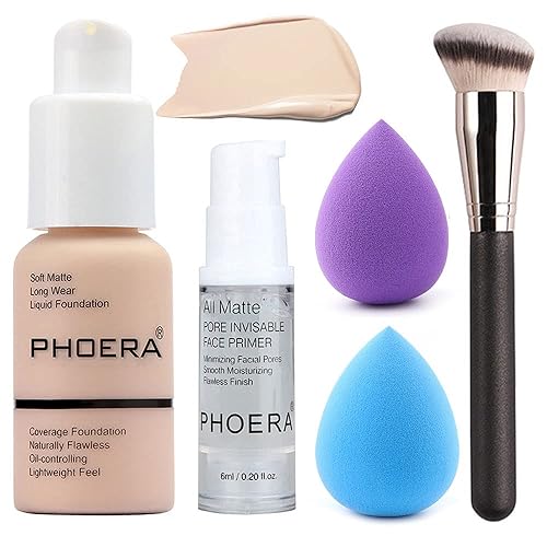 5PCS Liquid Foundation Set Matte Liquid Full Coverage Oil Control Breathable Invisible Cover Concealer Foundation with Face Primer, Foundation Brush, Makeup Sponge (101 Porcelain Makeup Set) - 5 Piece Set - 101 Porcelain Makeup Set
