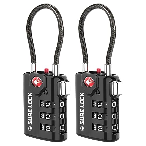 SURE LOCK TSA Compatible Travel Luggage Locks, Inspection Indicator, Easy Read Dials TSA Approved with Zinc Alloy - 2 - BLACK2 PACK
