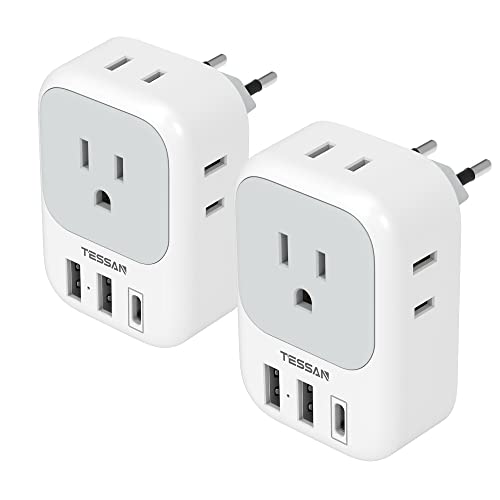 2 Pack European Travel Plug Adapter USB C, TESSAN US to Europe Plug Adapter with 4 Outlets 3 USB Charger (1 USB C Port), Type C Power Adaptor to Italy Spain France Portugal Iceland Germany, white gray - Type C-Most of Europe