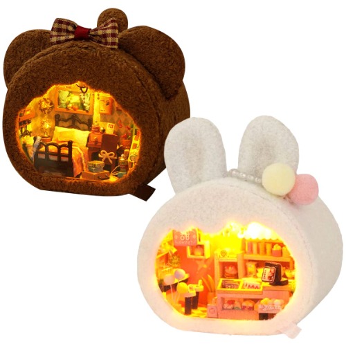Miniature House Kit, DIY Miniature Dollhouse Kit with LED Light, Plush Rabbit Bear Tiny House Toy with Furniture, Handmade Construction Kit for Boys Girls Women Friends Christmas Birthday Gifts (Bear + Rabbit)