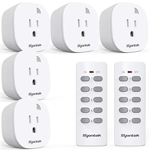 Syantek Remote Control Outlet Wireless Light Switch for Household Appliances, Expandable Remote Light Switch Kit, Up to 100 ft Range, FCC Certified, ETL Listed, White (5 Outlets + 2 Remotes)