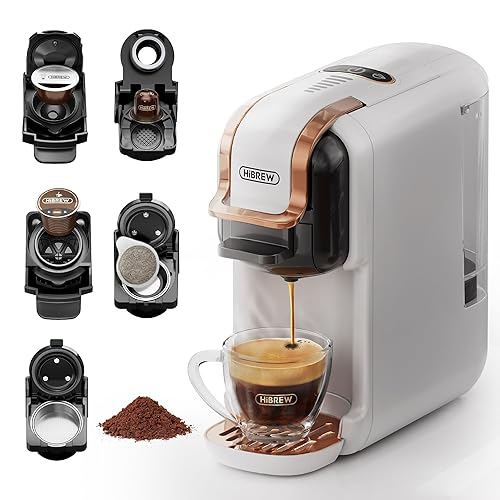 HiBREW H2B 5-in-1 Pod Coffee Maker - Compatible With 4 Coffee Capsule as Well as Espresso Powder, Makes Iced Coffee, Espresso, Cappuccino, Long Black. Hotel Kitchen Coffee Machine - White