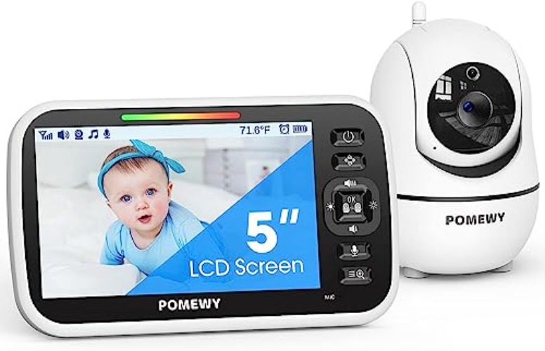 Baby Monitor with Camera and Audio - 5” Display Video Baby Monitor with 29 Hour Battery Life, Remote Pan & Tilt, 2X Zoom,Auto Night Vision, 2 Way Talk, Temperature Sensor,Lullabies,960 Feet Range - White
