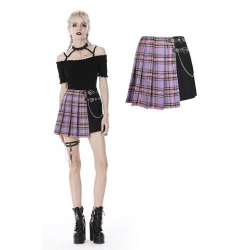Women's Punk Fake-two-layered Plaid Pleated Skirts | PURPLE / L