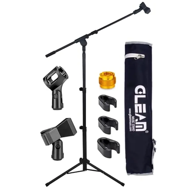 GLEAM Microphone Stand - Tripod Boom Arm Mic Stand with Carrying Bag, 2 Mic Clips and Screw Adapter Portable for Singing Performance Wedding Stage and Mic Mount