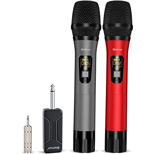 Wireless Microphone, Bietrun UHF Metal Dual Handheld Cordless Dynamic Mic System with Rechargeable Receiver, 1/4‘’Output, for Karaoke, Church, Speech, Wedding, Party Singing(160 ft Range)-Auto Connect - Battery Red and Grey