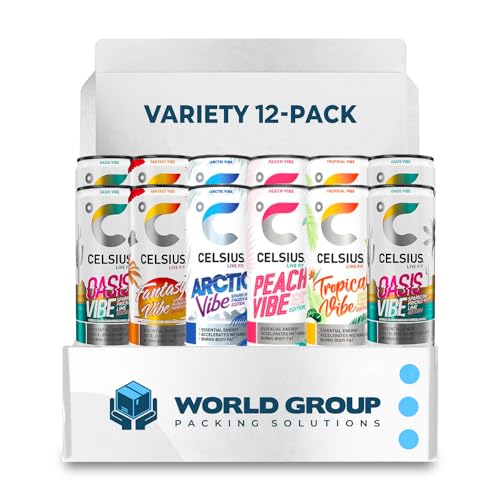 CELSIUS Sparkling Energy Drink - 12 fl oz (Pack of 12) - Variety Pack (Oasis Vibe, Fantasy Vibe, Peach Vibe, Arctic Vibe, Tropical Vibe) Available Kind, Functional Essential Energy Drinks, Zero Sugar - By World Group Packing Solutions