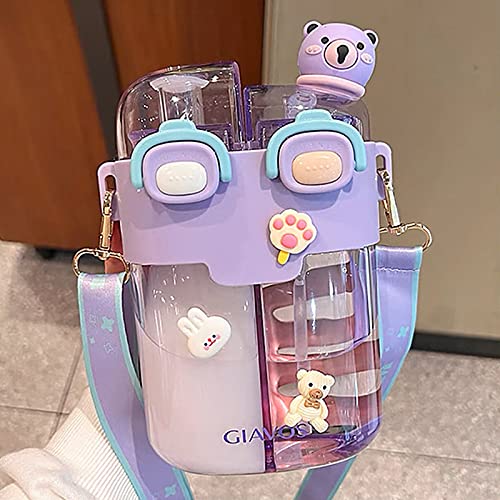 Kawaii Water Bottle with Straw and Stickers - Purple