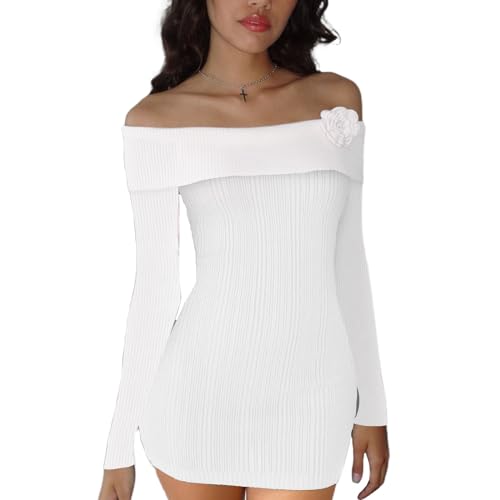 Women Off Shoulder Striped Knit Dress Y2k Punk Gothic Long Sleeve Pullover Sweater Dress Bodycon Mini Dress - Medium - With Rosette-white