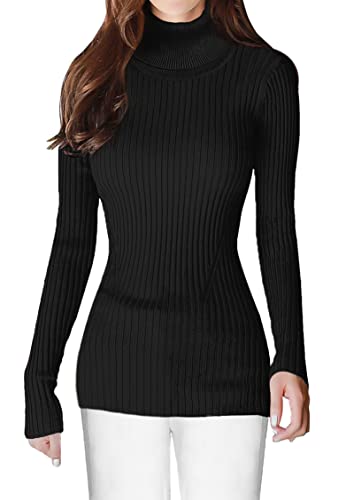 v28 Mock Neck Ribbed Sweaters for Women Cute Sexy Knitted Warm Fitted Fashion Pullover Sweater - Large - Black