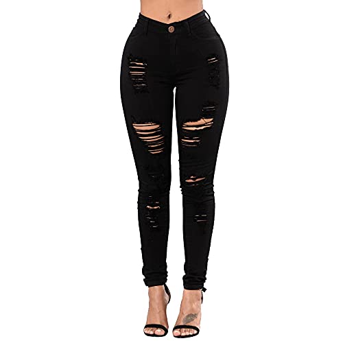 TKMUNY Women's High Rise Stretch Skinny Ripped Jeans Distressed Denim Leggings - Large - Black