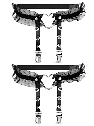 2 Pieces Adjustable Heart Shaped Leg Garters Women Girls Sexy Lace Heart Harness Garter Belts Elastic Punk Rivet Thigh Ring Garters with Non-Slip Clips for Women Black