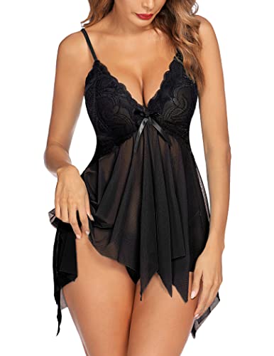 Avidlove Lingerie for Women Lace Babydoll Sleepwear Boudoir Outfits Plus Size Langeray XS-5XL - Black-double Layers - Large