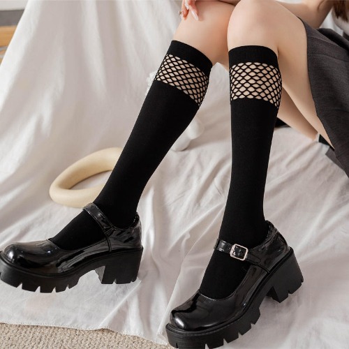 Gothic Velvet Fishnet Knee Highs - black