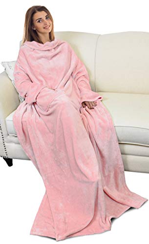 Catalonia Wearable Blanket with Sleeves and Pocket, Cozy Soft Fleece Mink Micro Plush Wrap Throws Blanket Robe for Women and Men - Pink