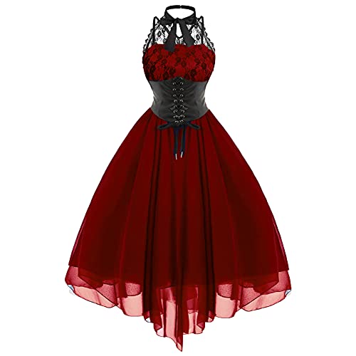 Women's Sleeveless Gothic Dress with Corset Halter Lace Swing Cocktail Dress Formal Halloween Punk Hippie Dresses - X-Large - Wine