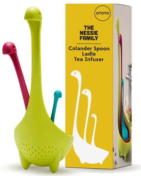 OTOTO The Nessie Family Soup Ladle and Tea Infuser Set - Durable Silicone Soup Ladle, Colander for Cooking & Tea Infusers - 100% Food safe, BPA Free Ladle Spoon - Heat Resistant Fun Kitchen Gadgets - Nessie Family