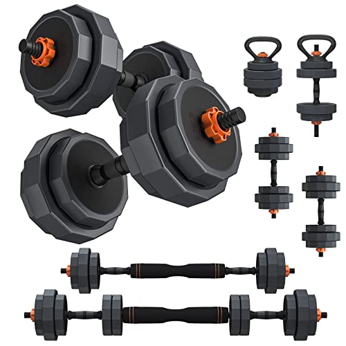 Lusper Adjustable Weights Dumbbells Set, 44LB/55LB/66LB Free Weights, 3 in 1 Mutiweight Dumbbell/Barbell/Kettlebell with Connector, Versatile Weight Set for Home Gym - 44LB BLACK