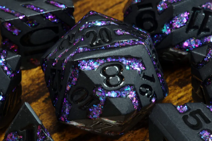 Rift Artifact - Iridescent purple stripe dice with black metal finish