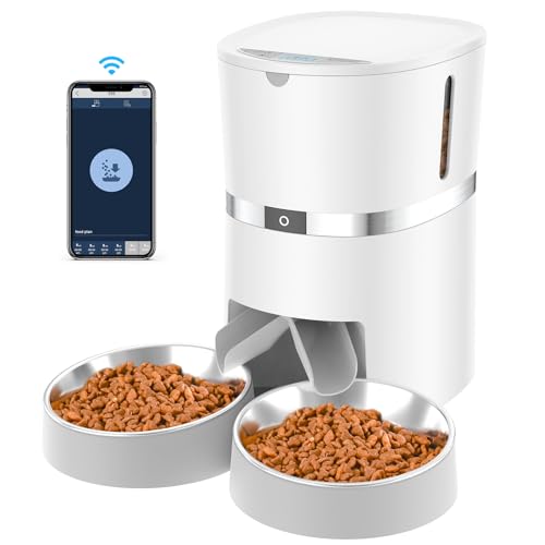 WellToBe Smart Futterautomat Katze & Hund, WiFi Automatischer Futterspender für 2 Katze, Pet Feeder mit Timer, Ton-Aufnahmefunktion, App-Steuerung, Portion Steuerung, zu 6 Mahlzeiten am Tag (Weiß) - Weiß