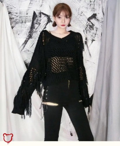Black Ripped V-Neck Sweater