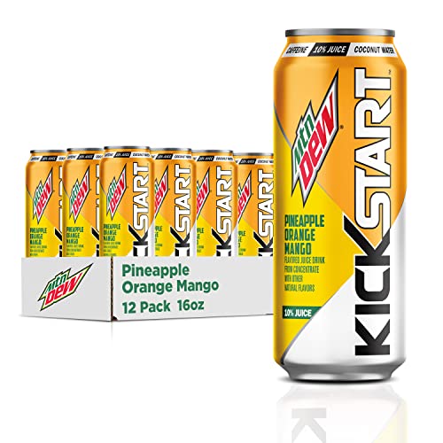 Mountain Dew Kickstart, Pineapple Orange Mango, 90mg Caffeine, Vitamins B & C, 80 Calories, 10% Juice, 16 fl oz (Pack of 12) - Pineapple Orange Mango - 16 fl Oz (Pack of 12)