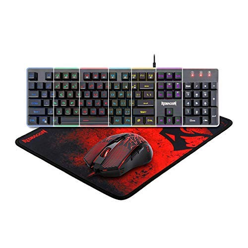 Redragon S107 Gaming Keyboard and Mouse Combo Large Mouse Pad Mechanical Feel RGB Backlit 3200 DPI Mouse for Windows PC (Keyboard Mouse Mousepad Set) - Black-RGB Keyboard, Mouse and Mouse pad