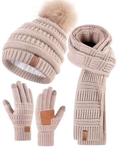 Womens Winter Beanie Scarf Gloves Set, Pom Pom Hat with Warm Fleece Lined Long Knit Scarf Touchscreen Gloves for Cold Weather - Oatmeal