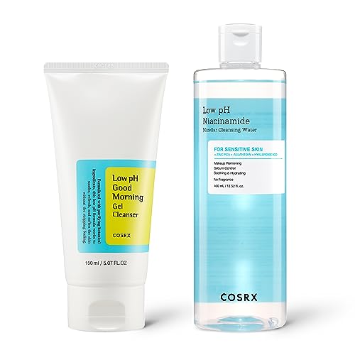 COSRX Low pH Cleansers for Sensitive Skin- Low pH Good Morning Gel Cleanser & Niacinamide Micellar Cleansing Water- Complete Gentle Cleansing Routine, Remove Dirt, Makeup, & Sebum, Korean Skincare
